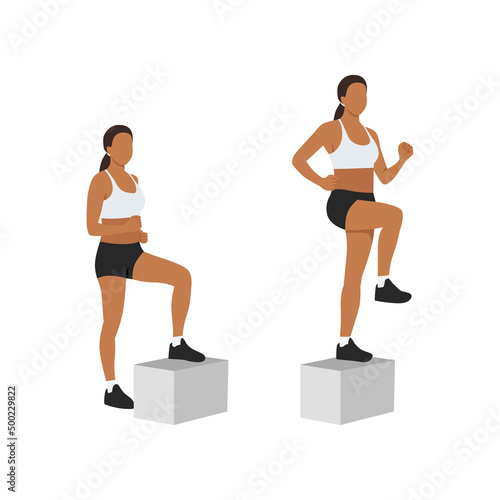 Woman doing Step up with knee raise exercise. Flat vector illustration isolated on white background