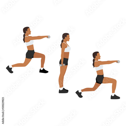 Woman doing Alternating lunge front raise exercise. Flat vector illustration isolated on white background