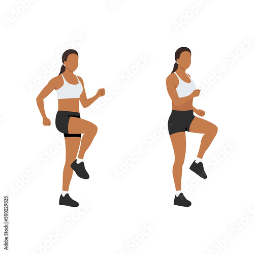 Woman doing run in place exercise. Flat vector illustration isolated on white background