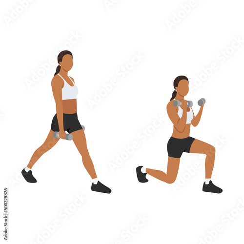 Woman doing Split squat curl exercise. Flat vector illustration isolated on white background
