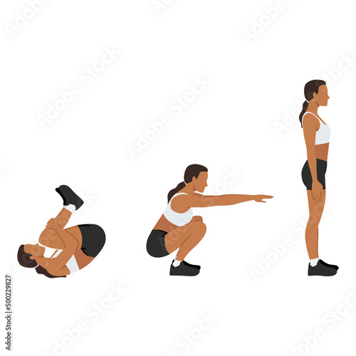 Woman doing rolling squat exercise. Flat vector illustration isolated on white background