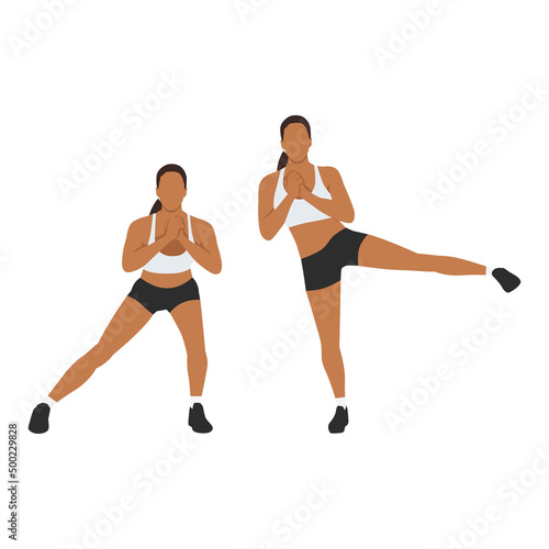 Woman doing Side lunge to leg lifts exercise. Flat vector illustration isolated on white background