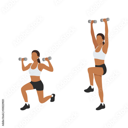 Woman doing Reverse lunge shoulder press exercise. Flat vector illustration isolated on white background