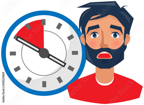 Time management concept. Upset man portrait near clock with red area. Scared guy before deadline. Man is afraid of late work. Shocked face expression of adult person. Clock as symbol of deadline