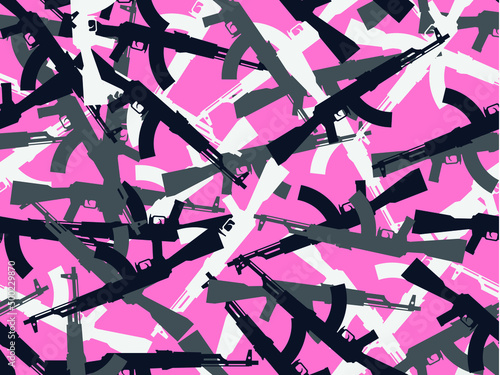 Camouflage endless vector pattern AK-47 assault rifle, 3/4 format. Vector camouflage from AK-47 for print, limitless. Pink shades