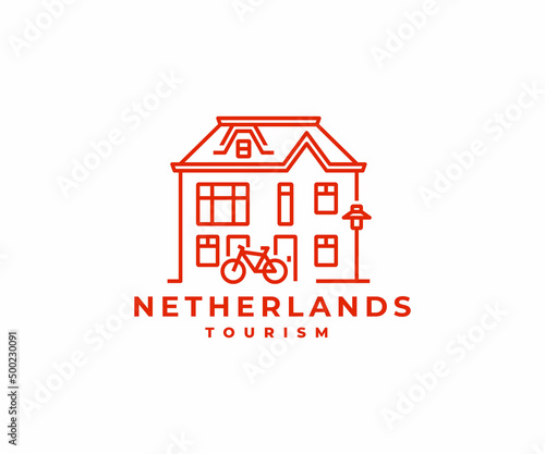 Amsterdam Netherlands house logo design. Amsterdam building with bicycle vector design. City tourism logotype