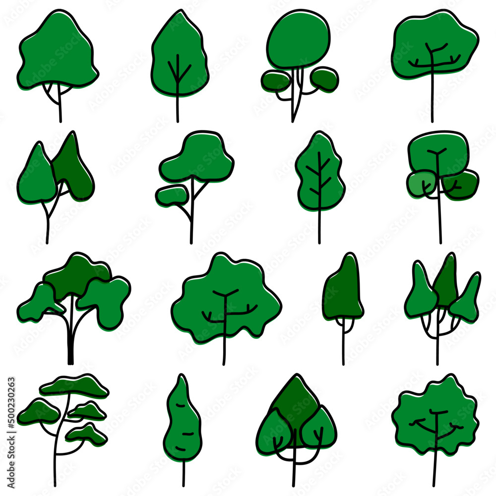 Set of different tree doodle.