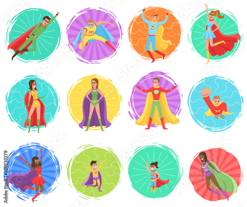 Strong super man and super woman smiles and flies to save world stretched out his hand. Brave character in superhero costume with cloak. Cartoon person hurries to protects people from villains