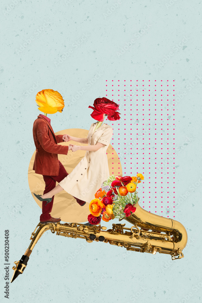 Contemporary art collage. Dancing couple in retro 70s, 80s styled clothes with flowers instead heads isolated over light background. Surrealism - obrazy, fototapety, plakaty 