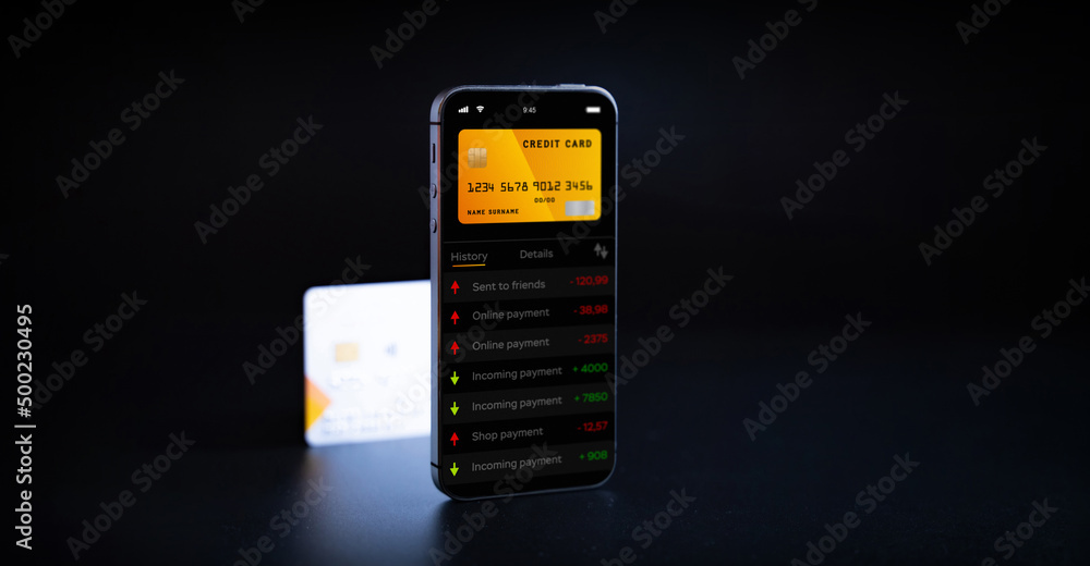 Online banking. Mobile phone with internet online bank app. Credit card on black background. Save money business wallet. Online banking. Mobile phone with internet online bank app. Credit card on black background. Save money business wallet.