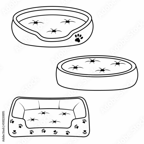 set of beds for dogs and cats, isolated vector illustration contour doodle