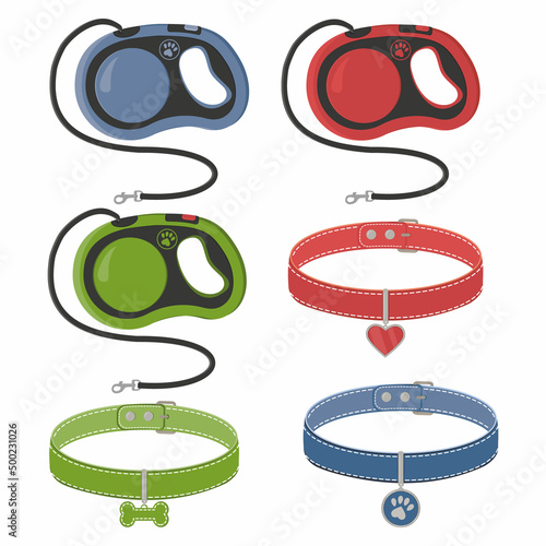 A set of accessories for dogs and cats, a collar with a medallion and a tape measure leash. Isolated vector illustration