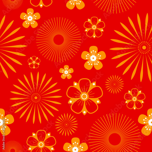 Seamless pattern. Asia folk style, flat style. Flowers, plants, nature. Element for design and illustrations.	
