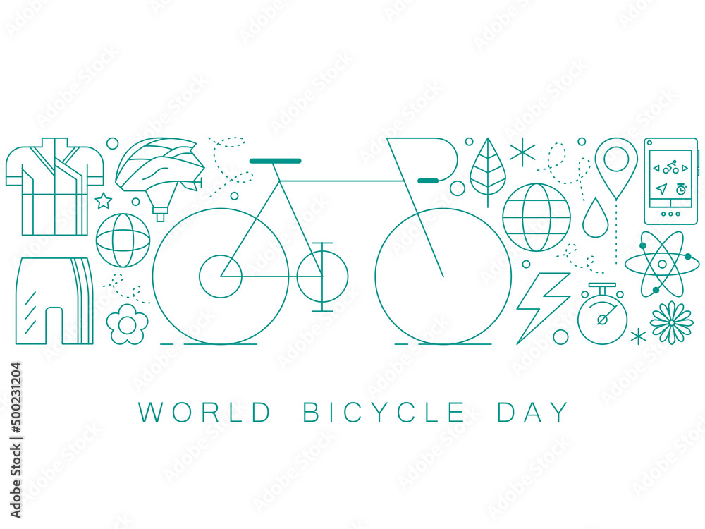 World Bicycle Day. June 3. Holiday concept. Bicycle icon and helmet, jersey, shorts, flowers, leaves vector illustration. Bike silhouette and world map. Bicycle and Earth World Bicycle Day. June 3. Holiday concept. Bicycle icon and helmet, jersey, shorts, flowers, leaves vector illustration. Bike silhouette and world map. Bicycle and Earth