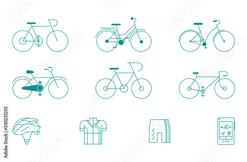 Bicycle icon in stroke style. Bicycle, helmet, jersey, shorts icon, bike set on white background vector illustration