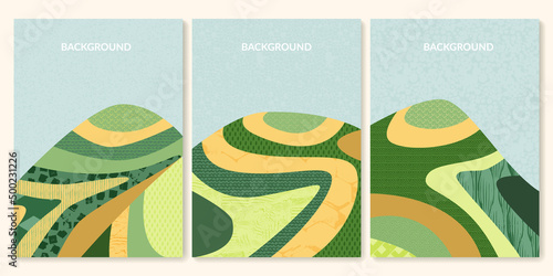 Abstract rice field with green texture vector illustration background. Set of mountain agriculture landscape poster. Ecology countryside, hill shape, decoration collection of eco farmland, nature art