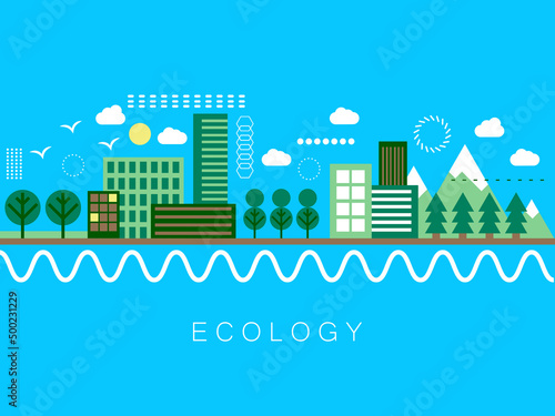 Green eco life flat art style. Ecology life, eco city vector banner illustration. Eecology concept for city, nature conservation. Cityscape with modern eco friendly technology