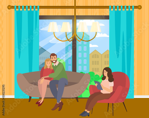 Happy couple sitting on couch and hugging. Doctor gives advice on family psychology. People on consultation with psychologist. Woman psychotherapist helps husband and wife with relationships