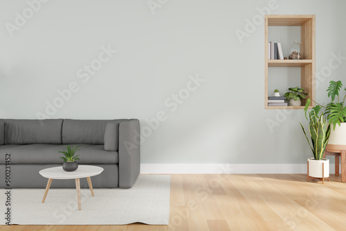 3d render of sofa and interior plants in contemporary room.