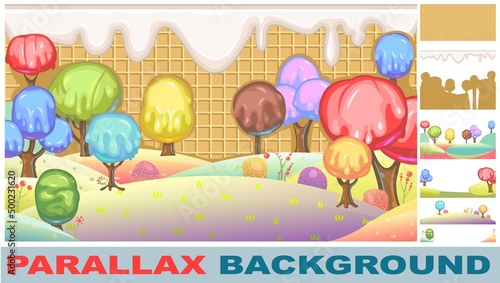 Sweets. Set for parallax effect. Waffle wall with drips of milk cream. Trees with vanilla cream, ice cream and jelly. Chocolate with nuts and marmalade in sugar. Sweet fairy forest. Vector