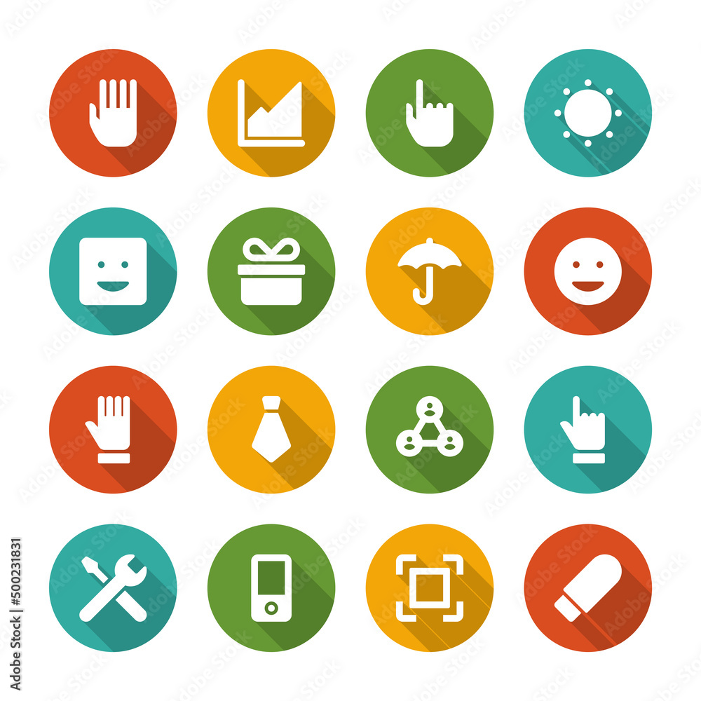 Flat icons vector set and long shadow effect for web site design, infographics, ui and mobile apps. Objects, business, office, communication and marketing items Flat icons vector set and long shadow effect for web site design, infographics, ui and mobile apps. Objects, business, office, communication and marketing items
