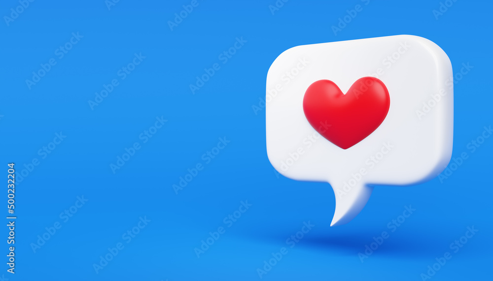 White speech bubble with heart inside, hovering on blue background. 3d rendering. Copy space on the left side White speech bubble with heart inside, hovering on blue background. 3d rendering. Copy space on the left side