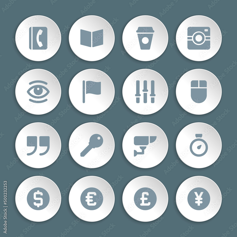 Flat icons vector set paper and shadow effect for web design, infographics, ui and mobile apps. Objects, business, office, communication and marketing items Flat icons vector set paper and shadow effect for web design, infographics, ui and mobile apps. Objects, business, office, communication and marketing items