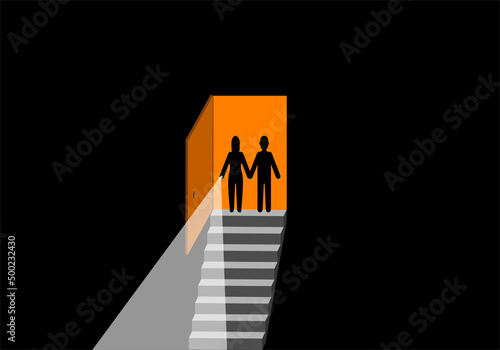 Silueta de pareja de hombre y mujer cogidos de la mano frente a las escaleras del oscuro sótano portando la mujer una linterna encendida. Para portada de novela de misterio y aventuras