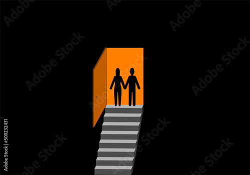 Siluetas negras de pareja de hombre y mujer frente a las escaleras del sótano oscuro y desde la puerta abierta del sótano