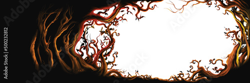 Fantasy branches frame / Horizontal banner frame with abstract branches, leaves 