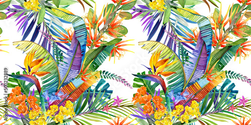 Colorful tropical seamless pattern. Watercolor blossom rainforest illustration. photo