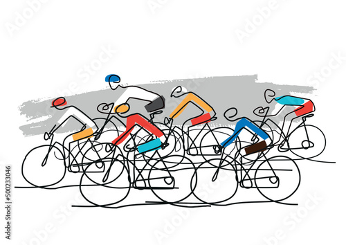 Název
Cycling race, line art stylized cartoon. Illustration of group of cyclists on a road. Continuous Line Drawing. Vector available