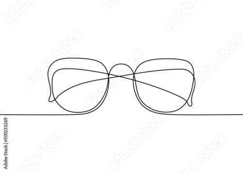 Glasses one black single continuous line art drawing style, sunglasses outline. Front view of eyeglasses minimalist linear sketch. Protection eye from sun. Vector illustration on white background