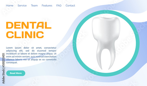 Dental clinic poster vector illustration. Advertising of hospital for teeth treatment. Medical services for installation of dental implant. Human gum with healthy teeth and denture on dentistry banner