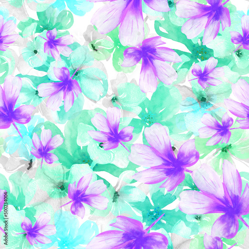 Delicate blue and purple watercolor flowers, seamless floral pattern