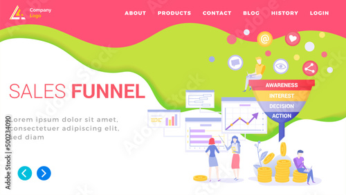 Sales funnel stages, potencial customers concept. People working with sales funnel management. Colleagues analyze online customer behavior. Team of marketers work with marketing data analysis