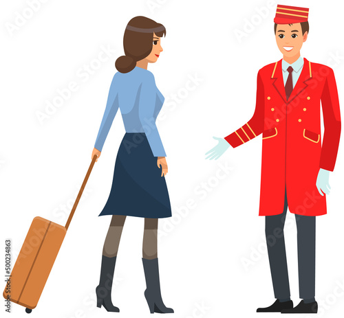 Young man in uniform working as bellboy. Doorman helps girl with luggage. Hotel employee communicates with female visitor. Woman gives suitcase to receptionist. Porter and lady vector illustration
