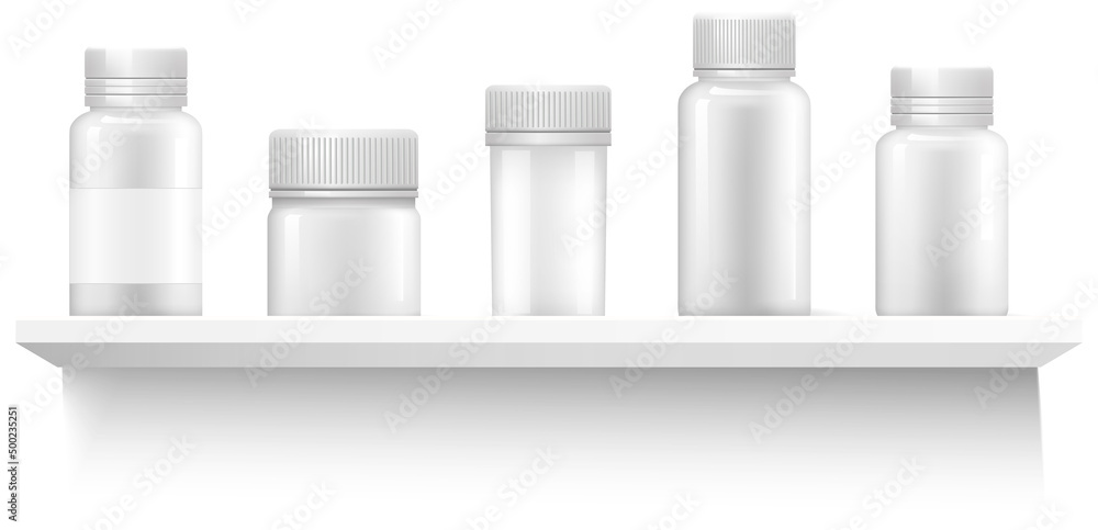 Cosmetic bottles on shelf. Beauty products empty packaging. Blank containers for liquid lotions and shampoos, moisturizers on white background. Medicine blank bottle for pills on pharmacy shop shelves Cosmetic bottles on shelf. Beauty products empty packaging. Blank containers for liquid lotions and shampoos, moisturizers on white background. Medicine blank bottle for pills on pharmacy shop shelves