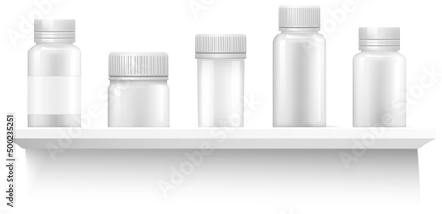 Cosmetic bottles on shelf. Beauty products empty packaging. Blank containers for liquid lotions and shampoos, moisturizers on white background. Medicine blank bottle for pills on pharmacy shop shelves