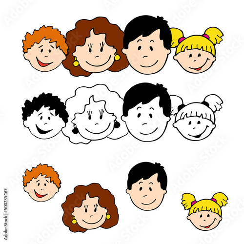 Smiling faces of the family where everything is together mom dad son daughter red brother and sister with a hairstyle with two ponytails