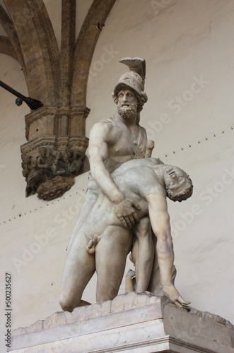 Sculpture Menelaus supports Patroclus's body in Loggia de Lanzi, Florence