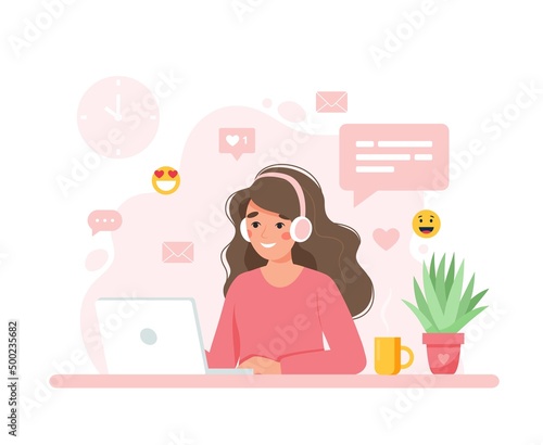 Woman working with computer, home office, student or freelancer. Customer service, call center and support. Cute concept vector illustration in flat style