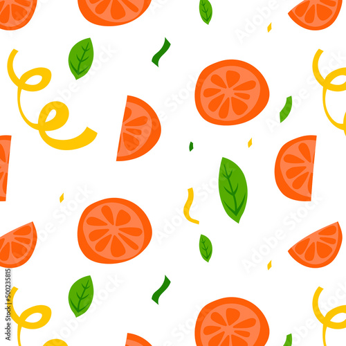 Fototapeta Naklejka Na Ścianę i Meble -  Hand drawn seamless pattern with silhouette orange slises, leaves and confetti for fabric and wrapping paper
