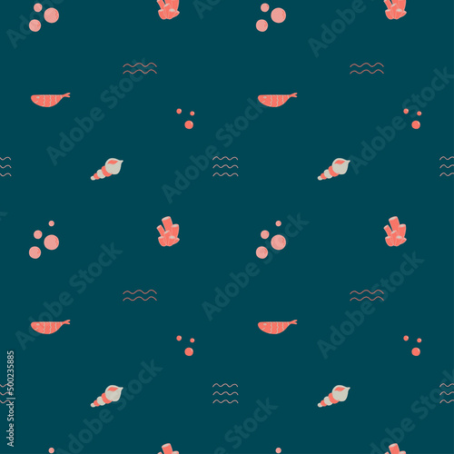 Hand drawn vector illustrations, seamless pattern with coral, fish, shell, buuble, wave on dark blue background. Perfect for prints, backgroun, fabric, textile etc