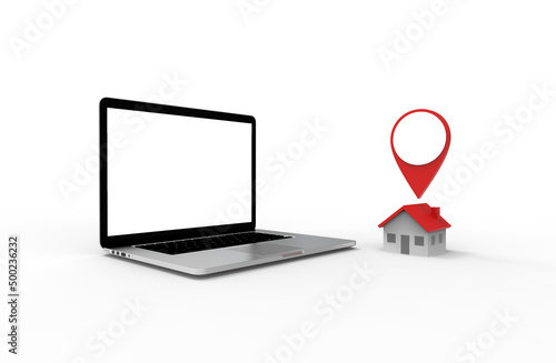 Location icon and house put on modern laptop isolated on white background. 3D Illustration.