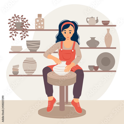 The girl potter makes a ceramic pot on the background of pottery. Flat style vector illustration.