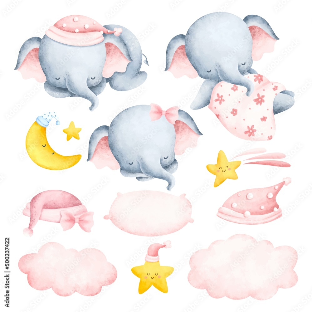 Set of Cute sleeping baby elephant and good night clipart elements