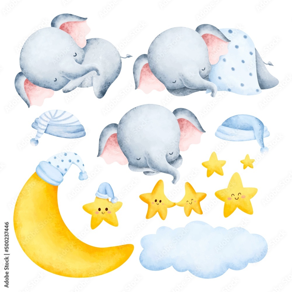 Set of Cute sleeping baby elephant and good night clipart elements