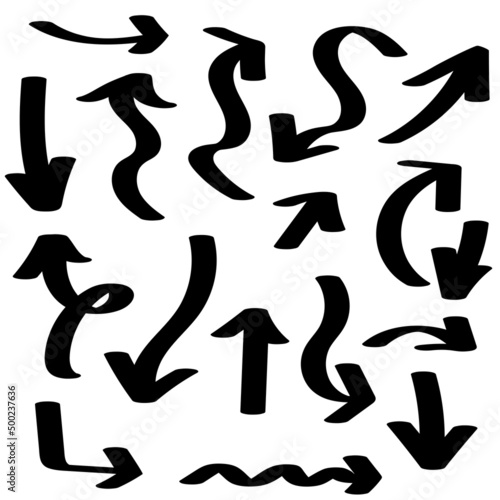 Hand Drawn Vector illustration of a curved arrow. Black pointer isolated thick lines Doodle on white background.
