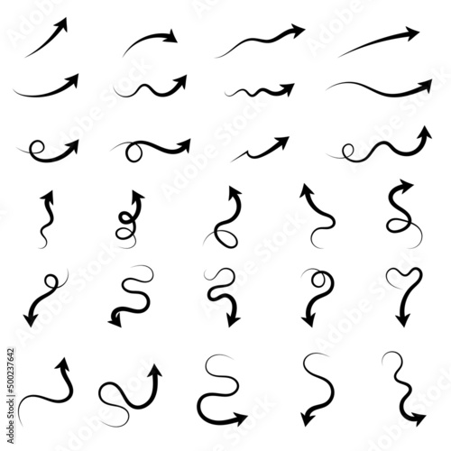 Art & IllustrationHand Drawn Vector illustration of a curved arrow. Black pointer isolated Doodle on white background. The head has a thick line, the other side has a pointed end.
